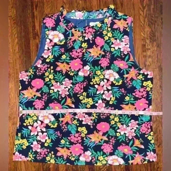 JCREW Ruffle Neck Sleeveless Floral Blouse in Navy, Pink, Green and Yellow - Picture 8 of 9